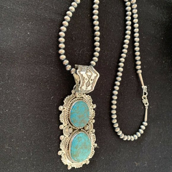 Native American Pearls Blue Necklace Pendant Ln 20 - Picture 7 of 12